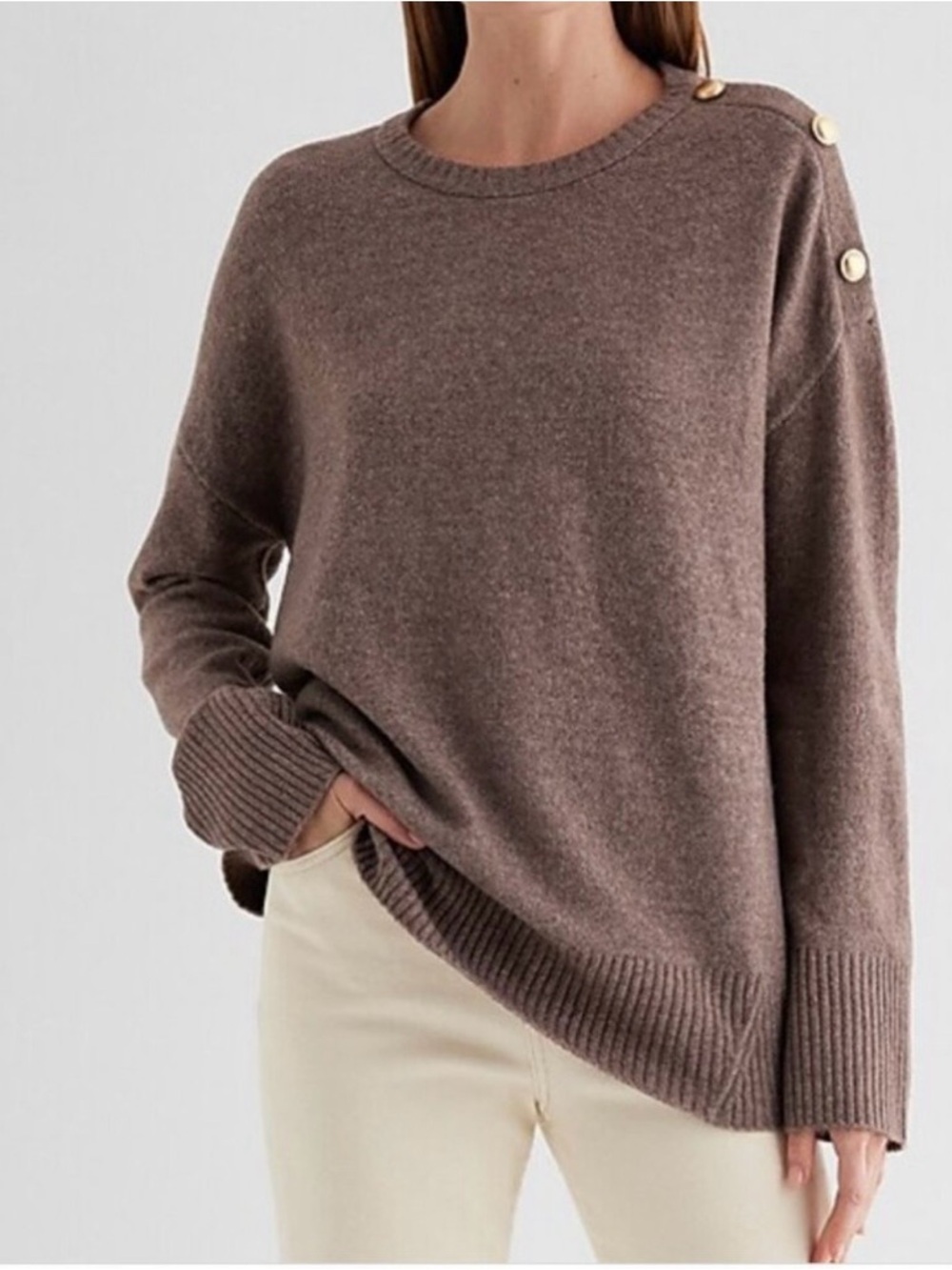 Express Women's Crewneck Button-Shoulder Sweater - Brown